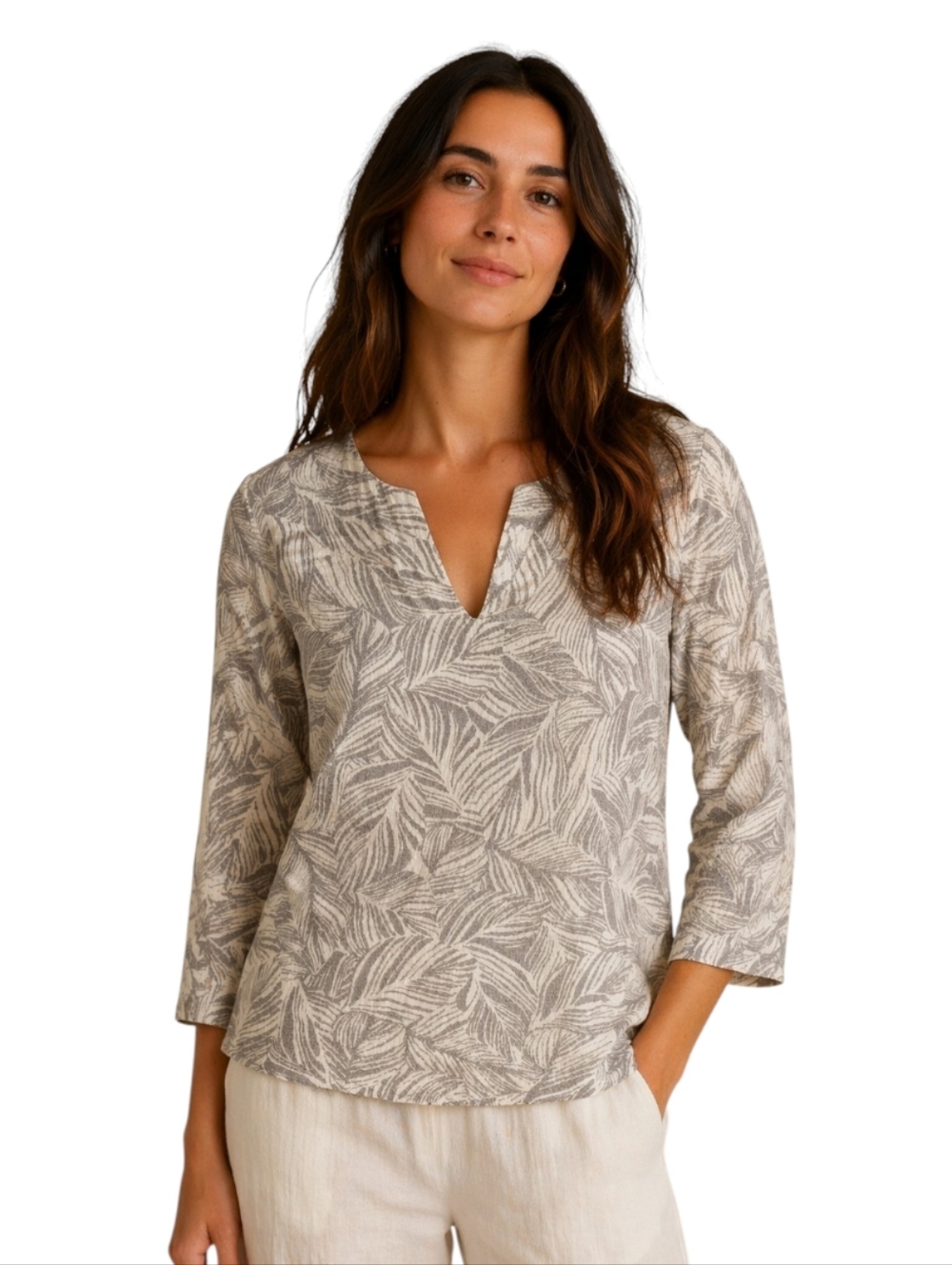 Sandwich Linen Palm Leaf Print Top Women's 38